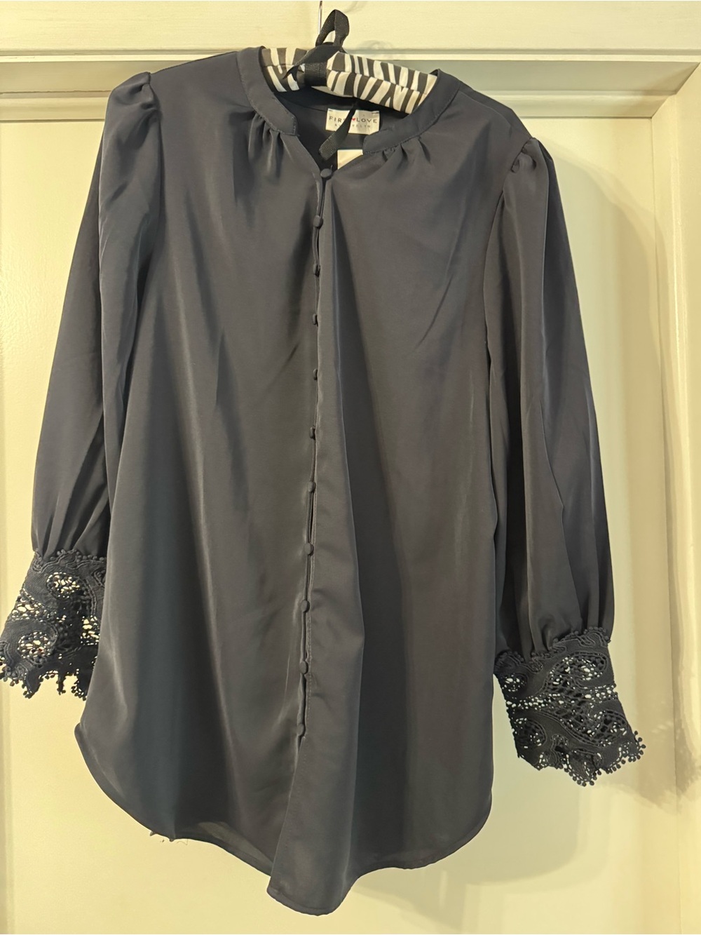 First Love Navy Button-Up Blouse with Lace Cuffs